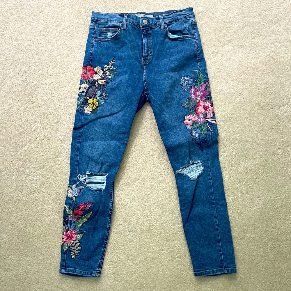 Topshop Tropical Floral Embroidered Ripped Jeans